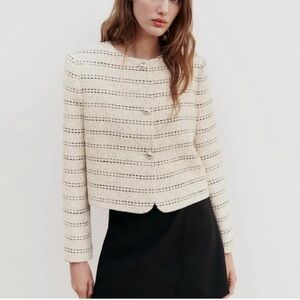 ZARA  ECRU BLACK SHORT JACKET WITH SHOULDER PADS Tweed XS